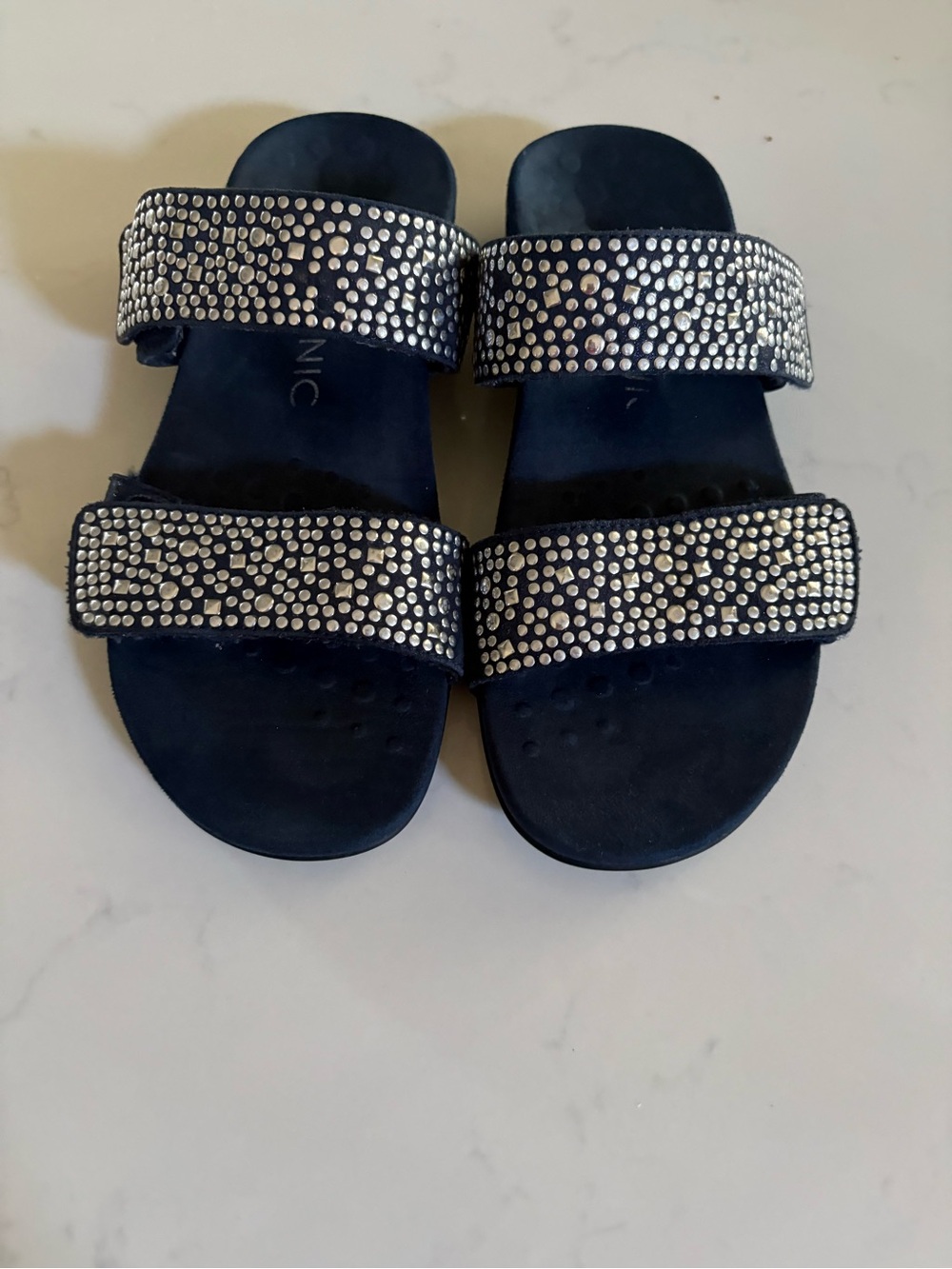 Vionic Navy Double-Strap Crystal Slide Sandals